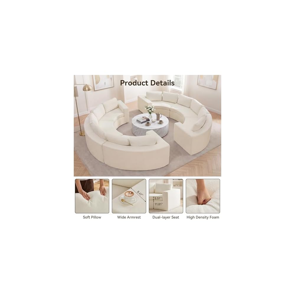 Oversized Half Moon Couch Sets with Deep Seat, Curved Boneless Couches for Living Room, 12 Seater Modular Sectional Sofa with Pillows, Chenille Memory Foam Sofa, No Assembly, White