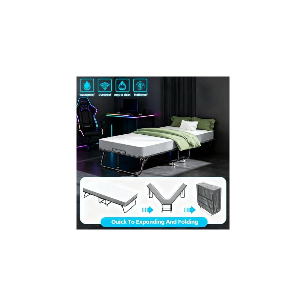 Pataku Folding Bed with Mattress, 75"x31" Roll Away Frame, 5" Memory Foam