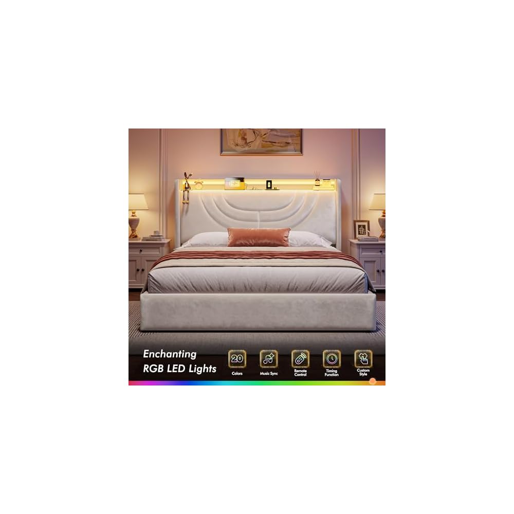 Homkdom Queen Velvet Lift Up Storage Bed Frame with Charging & LED, Beige