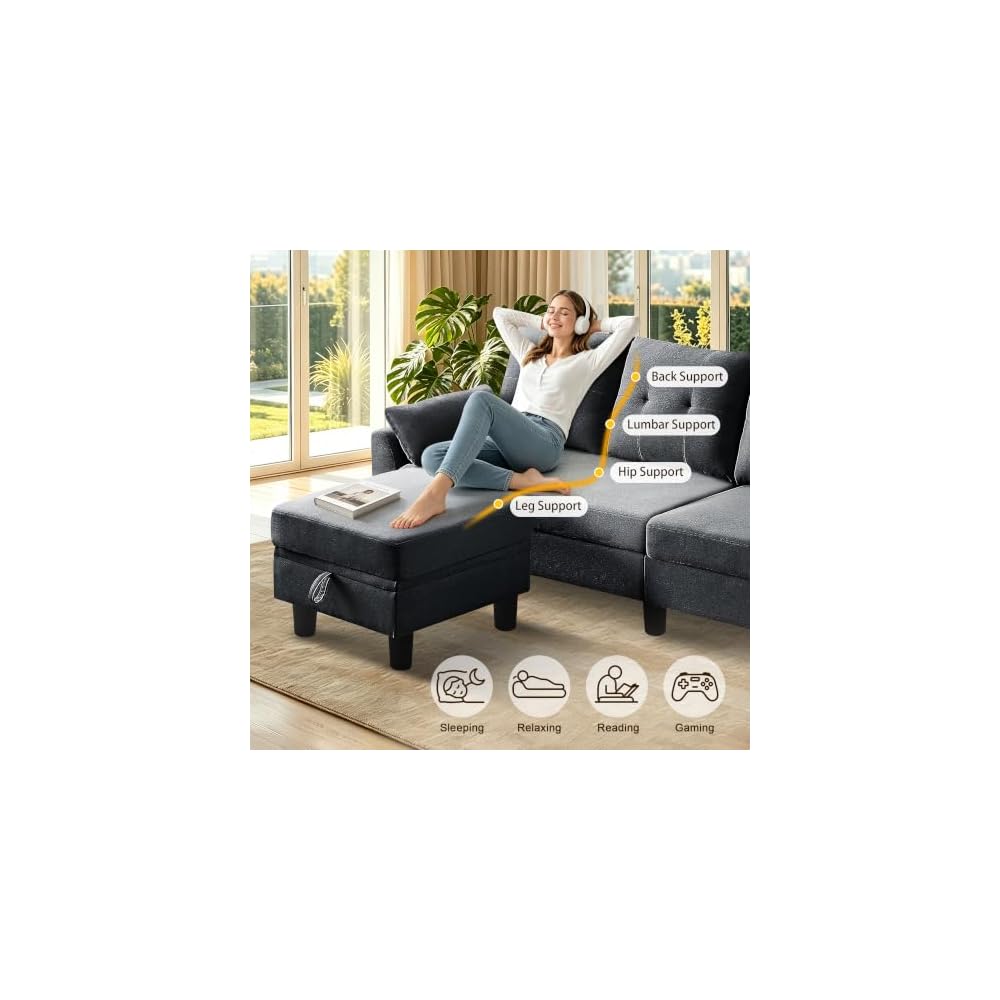 102" Sectional Sofa, 4-Seat L Shaped Couch with Storage Chaise and Phone Holder for Living Room, Convertible Sofa with Headrests, Dark Grey