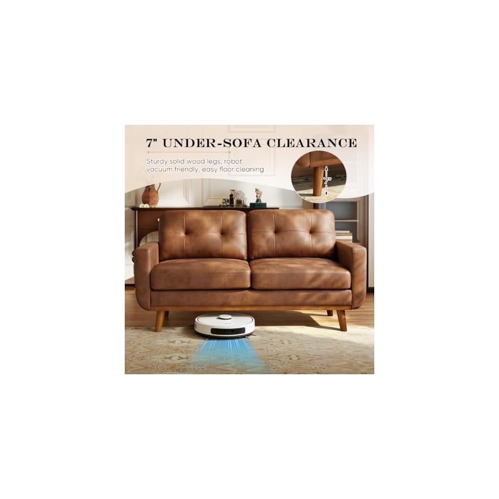65" Small Loveseat Sofa, Mid Century Modern Love Seat Couch with Solid Wood Legs, Button Tufted Upholstered Mini Couches for Bedroom, Living Room, Office, Small Spaces, Easy to Install, Light Brown