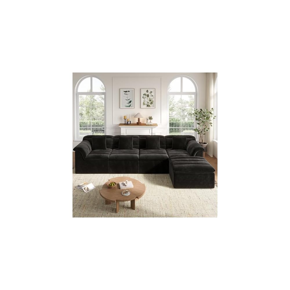142" Modular Cloud Sectional Couch with Ottoman, Modern Upholstered Compressed Sofa with Deep Seat, Comfy L-Shape Corduroy Couches for Living Room, No Assembly Required, Black