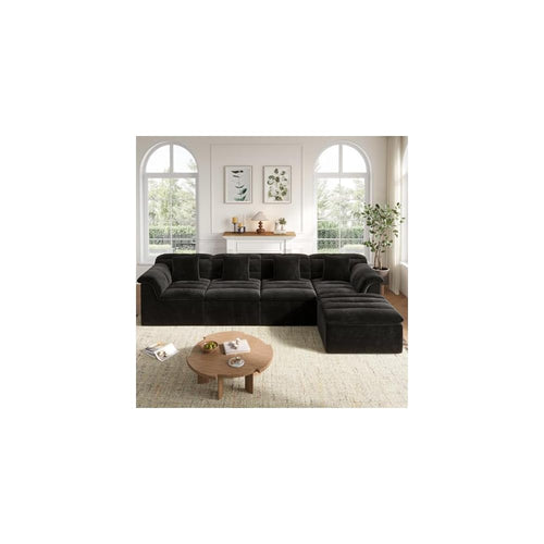 142" Modular Cloud Sectional Couch with Ottoman, Modern Upholstered Compressed Sofa with Deep Seat, Comfy L-Shape Corduroy Couches for Living Room, No Assembly Required, Black