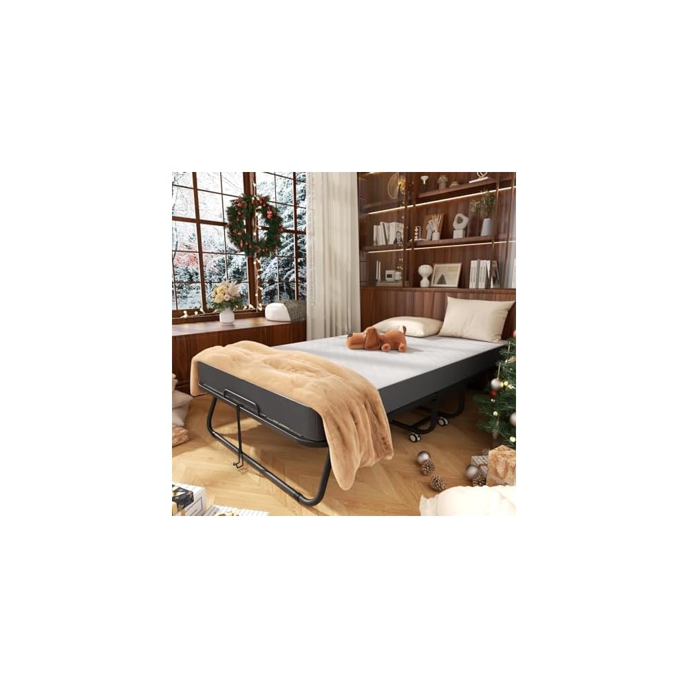 SUNCROWN 75” x 38” Folding Bed with Mattress, Portable Rollaway Twin Folded Beds, Space-Saving Sturdy Metal Frame, Fold up Bed with 5" Memory Foam Mattress, Hideaway, Fold Up, Roll Away