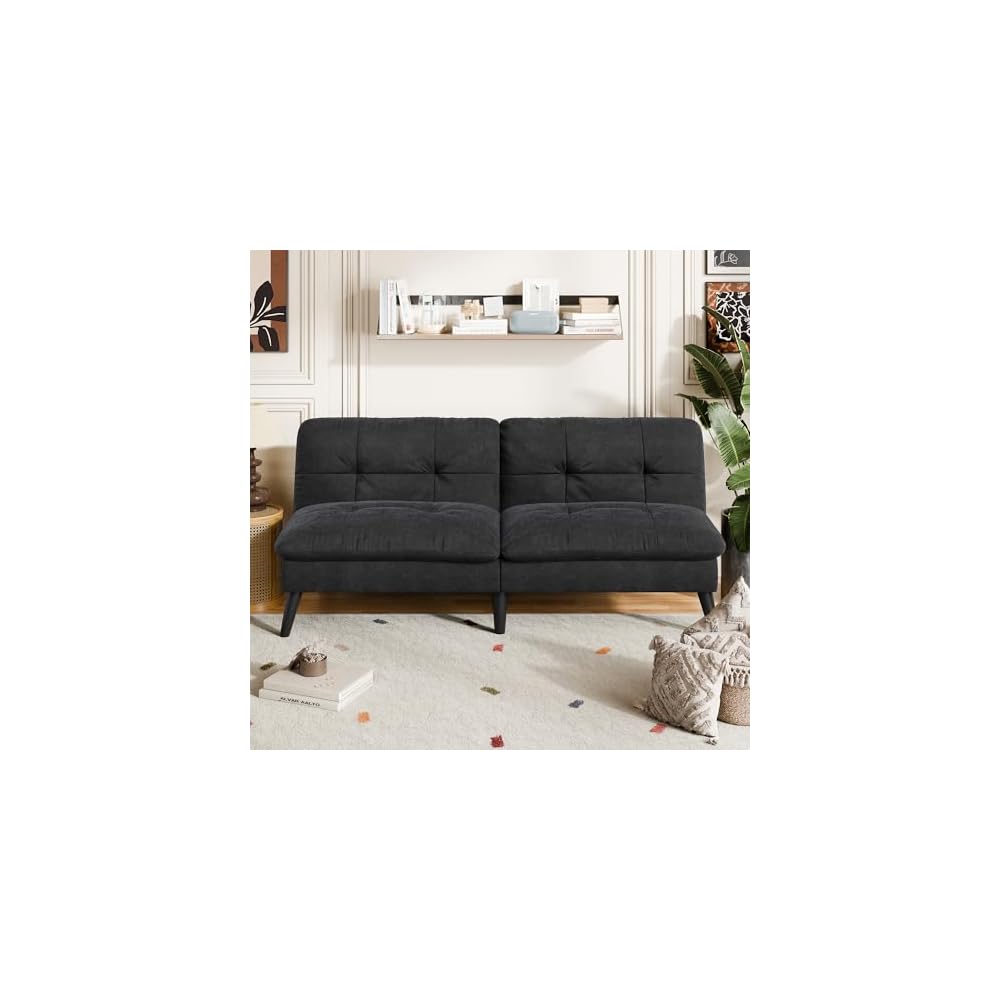 Vongrasig Futon Sofa Bed Velvet Futon Couch with Adjustable Backrest, Small Convertible Folding Sleeper Sofa Bed, Modern Loveseat for Living Room, Bedroom and Small Space, (Black)