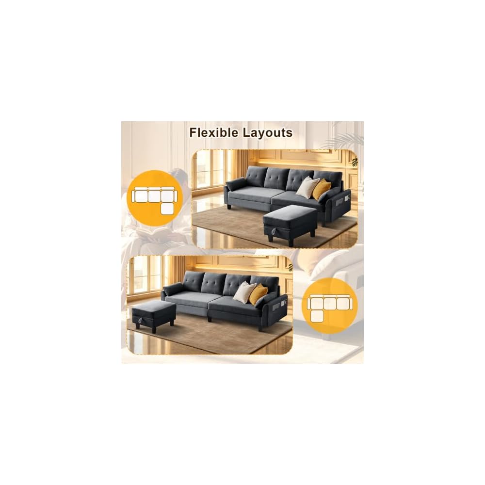 102" Sectional Sofa, 4-Seat L Shaped Couch with Storage Chaise and Phone Holder for Living Room, Convertible Sofa with Headrests, Dark Grey
