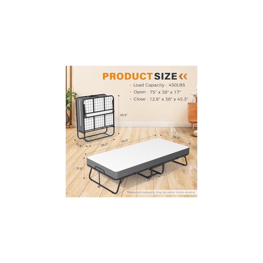 SUNCROWN 75” x 38” Folding Bed with Mattress, Portable Rollaway Twin Folded Beds, Space-Saving Sturdy Metal Frame, Fold up Bed with 5" Memory Foam Mattress, Hideaway, Fold Up, Roll Away