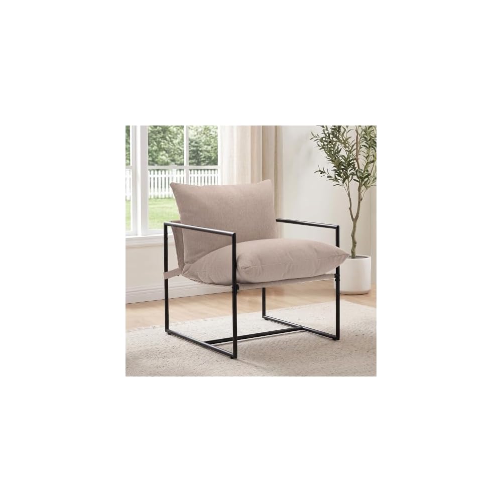 Modern Accent Chair, Upholstered Reading Sling Chair with Metal Frame and Soft Cushion,Stylish Lounge Armchair for Living Room, Bedroom or Office Seating, Ivory
