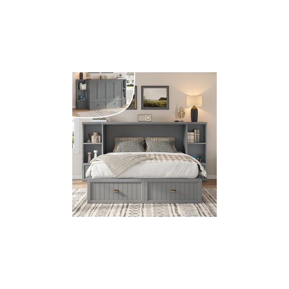AMERLIFE Queen Size Murphy Bed with Bedside Tables & 3 Storage Drawers