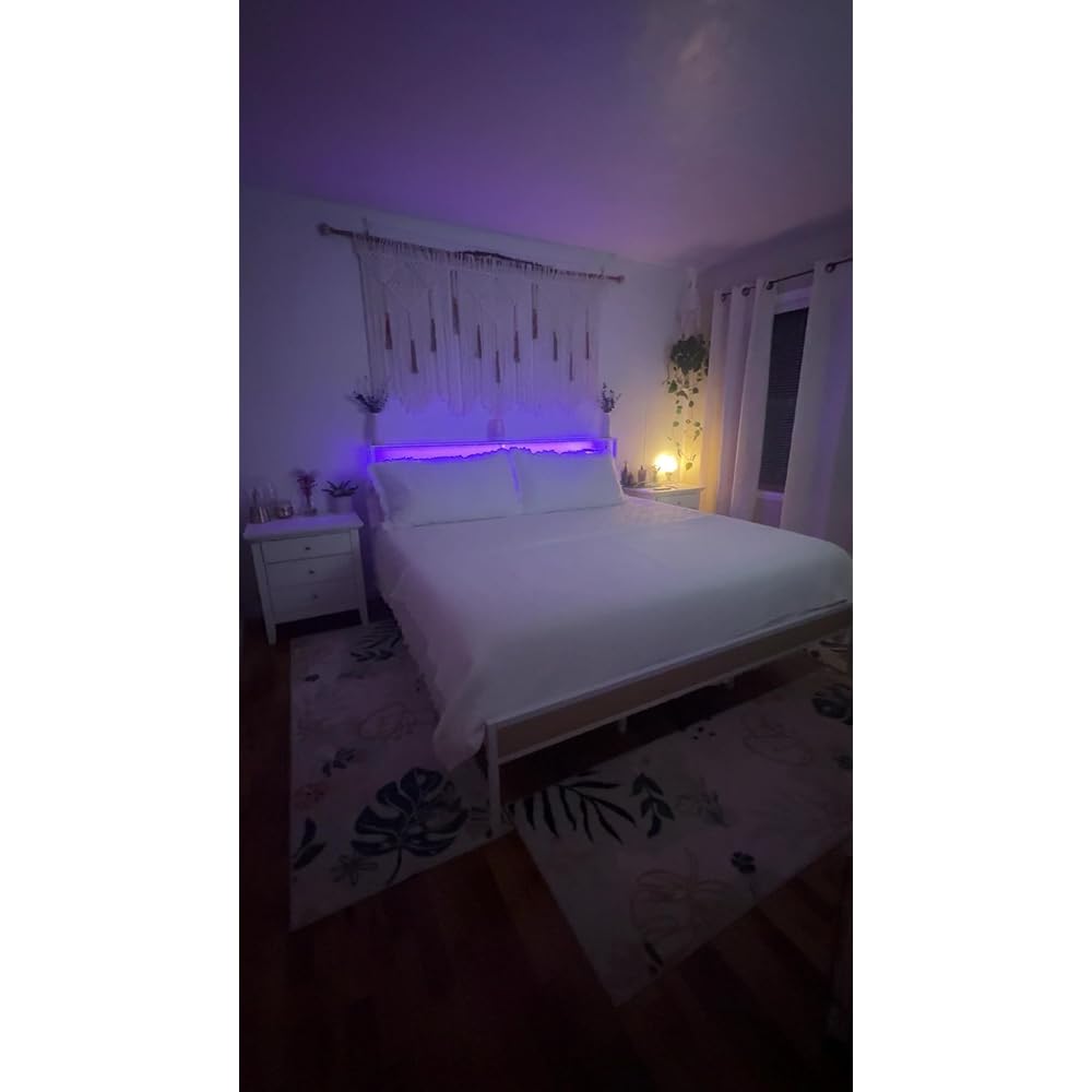 Queen Size Bed Frame with Charging Station and LED Lights, White