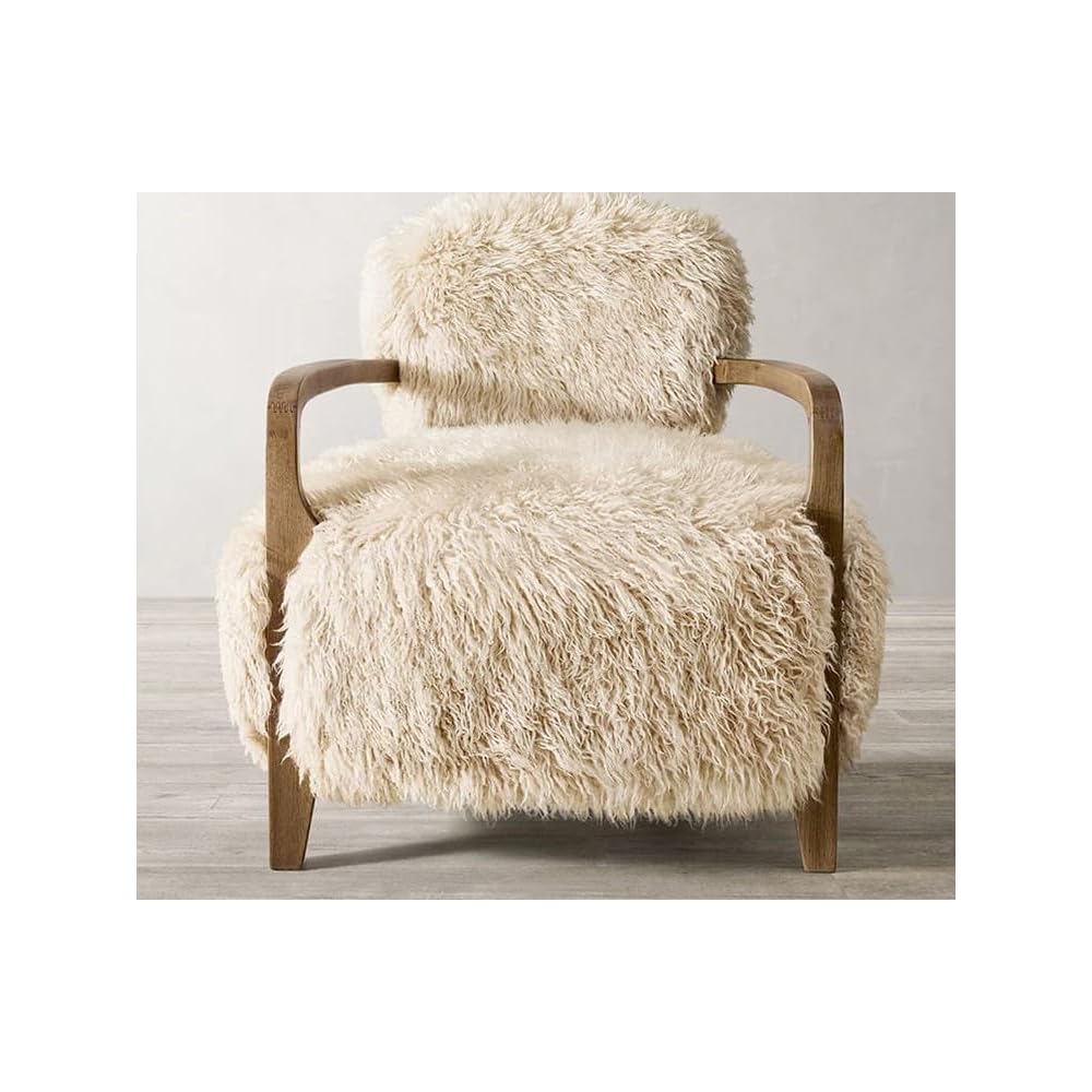 Cream Lamb Fur Accent Chair with Solid Wood Arms and Plush Cushioned Seat