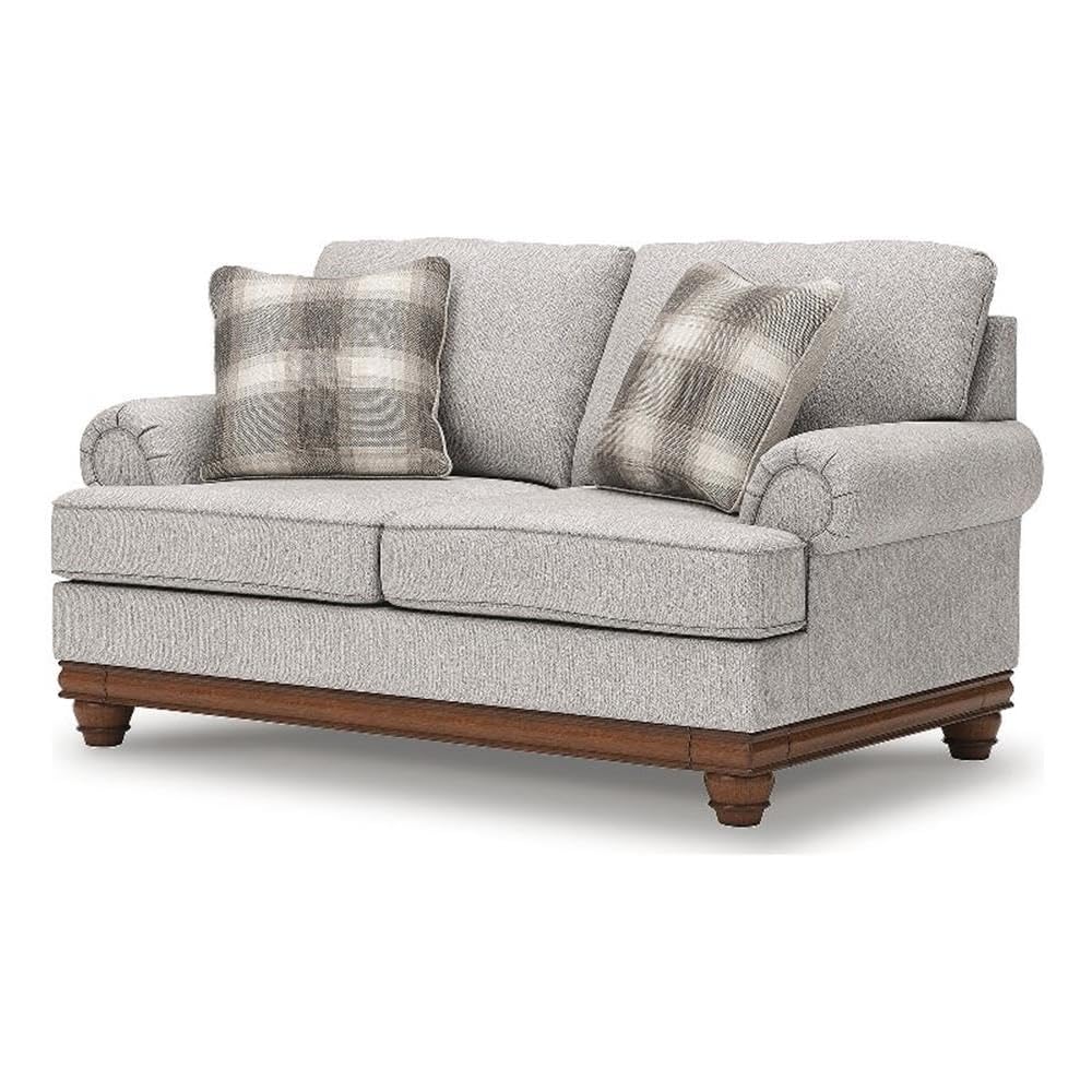 Bowery Hill Modern Polyester Loveseat, Beige Finish, 73" W x 40" D x 41" H, Solid Wood Frame, High-Resiliency Foam Cushions, Windowpane Plaid Accent Pillows, Transitional Farmhouse Living Room Seating