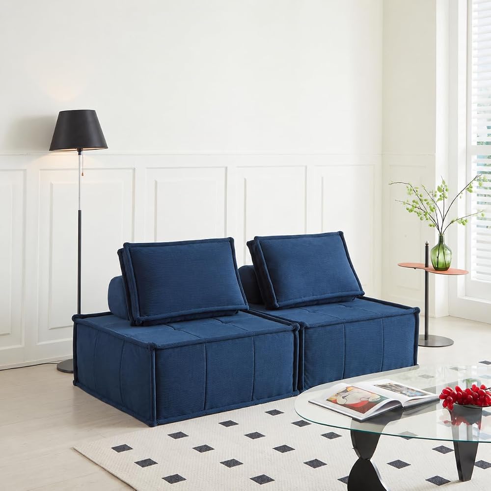 PurrJoys Modular Sectional Loveseat, 2-Piece Deep Seat Corduroy Lounge Sofa with Movable Cushions, Small Loveseat Couch for Living Room, Bedroom, Apartment, Blue