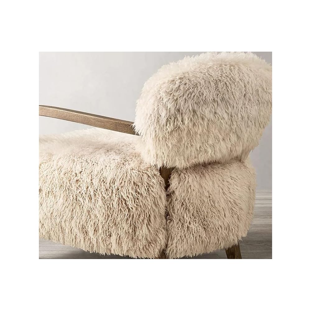 Cream Lamb Fur Accent Chair with Solid Wood Arms and Plush Cushioned Seat