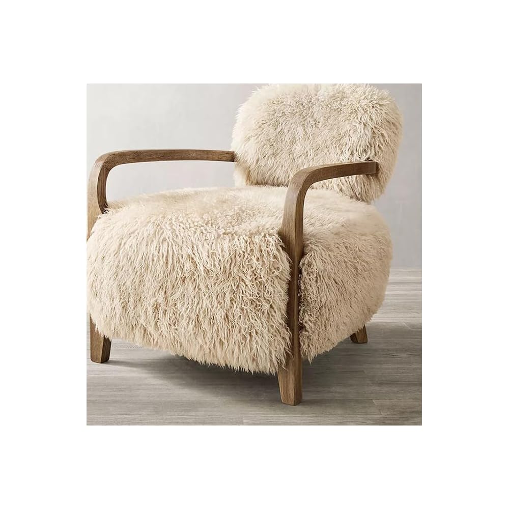 Cream Lamb Fur Accent Chair with Solid Wood Arms and Plush Cushioned Seat