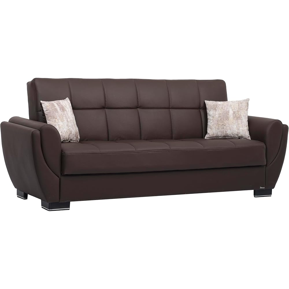 Ottomanson Convertible Sofa Bed Futon Couch with Hidden Storage & Click-Clack Sit-Sleep Conversion – Rounded Arm Design, Firm Support Sleeper Sofa for Living Room, Apartment & Guest Room, Faux Brown