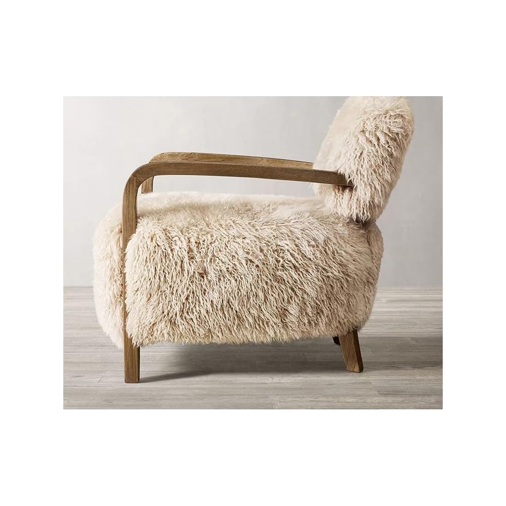 Cream Lamb Fur Accent Chair with Solid Wood Arms and Plush Cushioned Seat