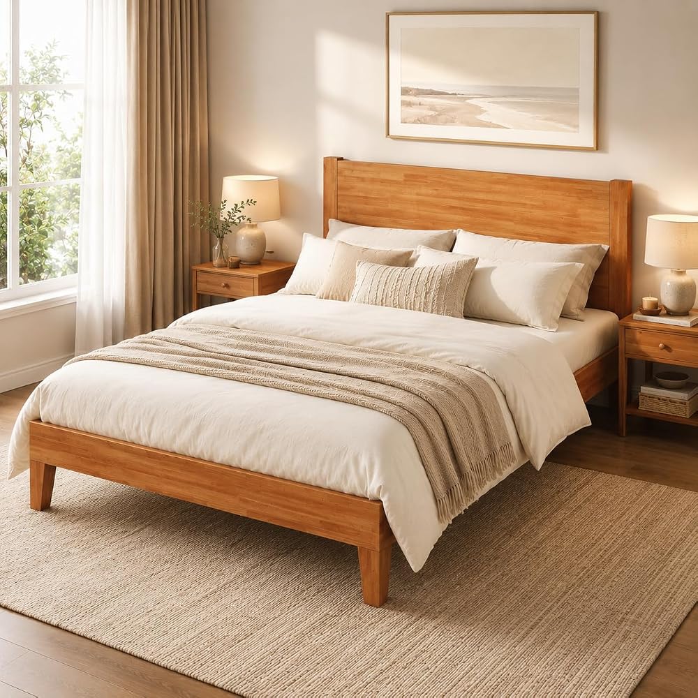 Solid Wood Queen Bed Frame with Headboard, Rubberwood Platform Bed