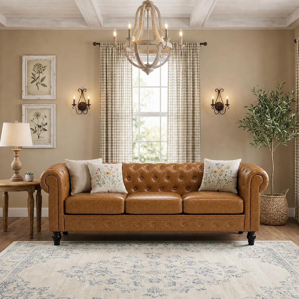 Modern Chesterfield Button-Tufted Couch, 88" Light Brown PU Leather 3 Seater Sofa, Home Luxury Upholstered Sofa Deep Seat Couch for Living Room Apartment Home Office