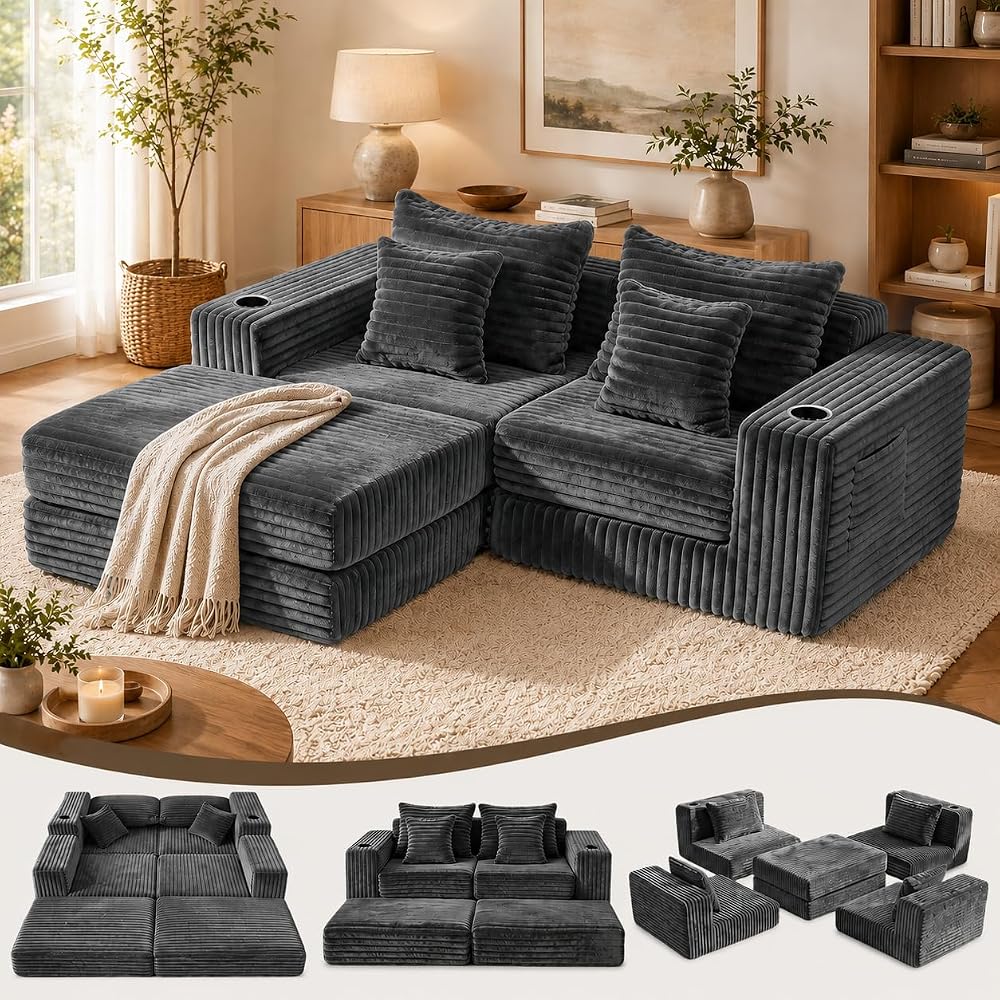 EROMMY 80" Cloud Modular Sectional Sofa, Boneless Corduroy Couch Sofa with Cup Holders & Side Pockets, L-Shaped Couch with Reversible Chaise, Deep Seat, No Assembly, Grey