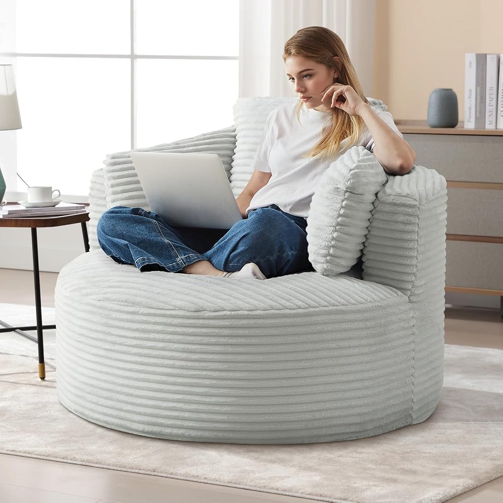 48.8-inch Round Chair, Modern Accent Corduroy Comfy Deep Seat Boneless Foam Floor Single Circle Chaise Sofa Chair with 3 Pillows for Living Room Bedroom Office, No Assembly Required, Light Grey