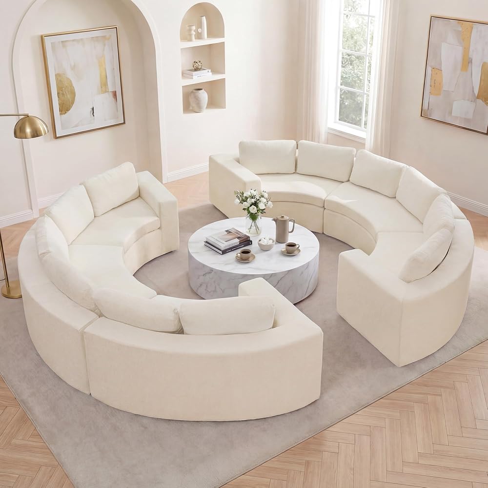 Oversized Half Moon Couch Sets with Deep Seat, Curved Boneless Couches for Living Room, 12 Seater Modular Sectional Sofa with Pillows, Chenille Memory Foam Sofa, No Assembly, White