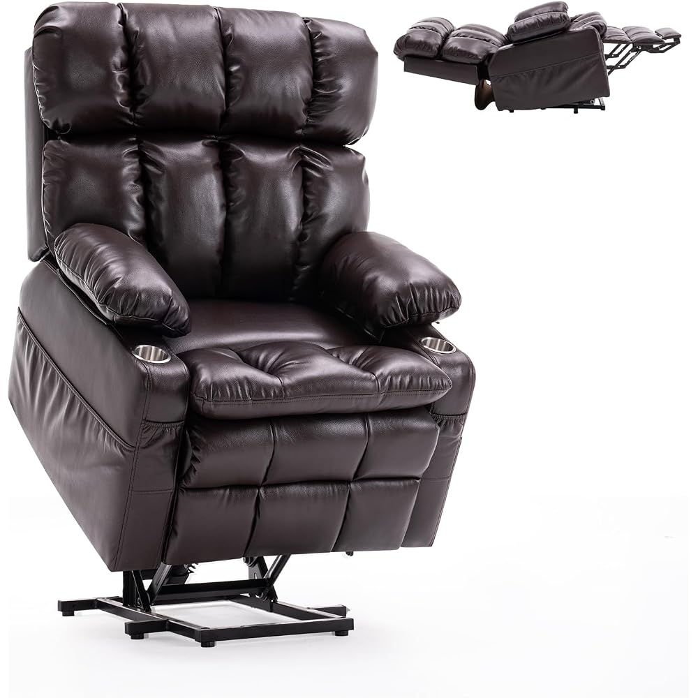 Lay Flat Recliner Lift Chair with Headrest,Infinite Positon Power Lift Recliner Chair for Elderly, Zero Gravity Leather Recliner with Extended Footrest, USB Type C, Cup Holders,Massage and Heat Brown