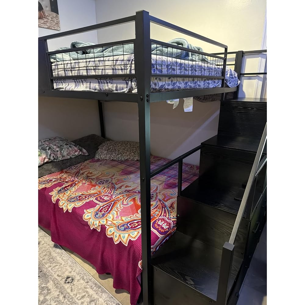 BTHFST Bunk Bed Full Over Full with Stairs, Storage Drawers and LED Lights