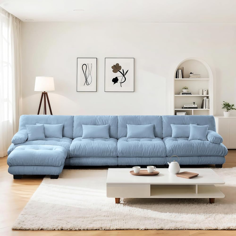 173.3" Oversized Modular Sectional Sofa 4-Seater L-Shaped Cloud Couch with 1 Ottoman and Pillows for Living Room, Home Theater, Apartment,Chenille Fabric（Sky Blue）