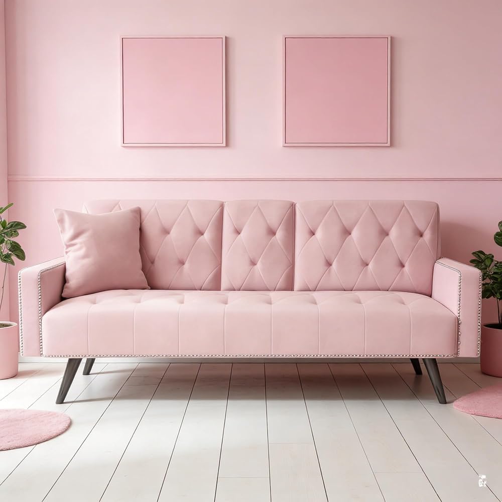 72" Pink Velvet Futon Sofa Bed - 2 Cup Holders