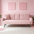 72" Pink Velvet Futon Sofa Bed - 2 Cup Holders