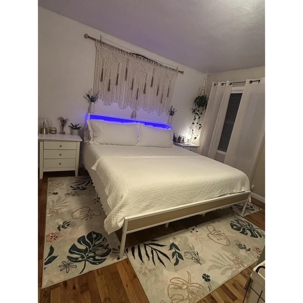 Queen Size Bed Frame with Charging Station and LED Lights, White