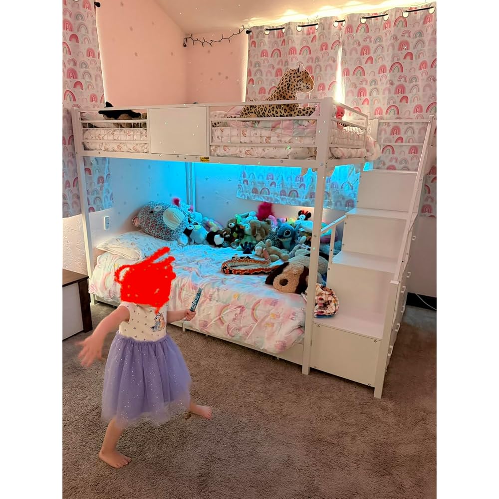 BTHFST Bunk Bed Full Over Full with Stairs, Storage Drawers and LED Lights