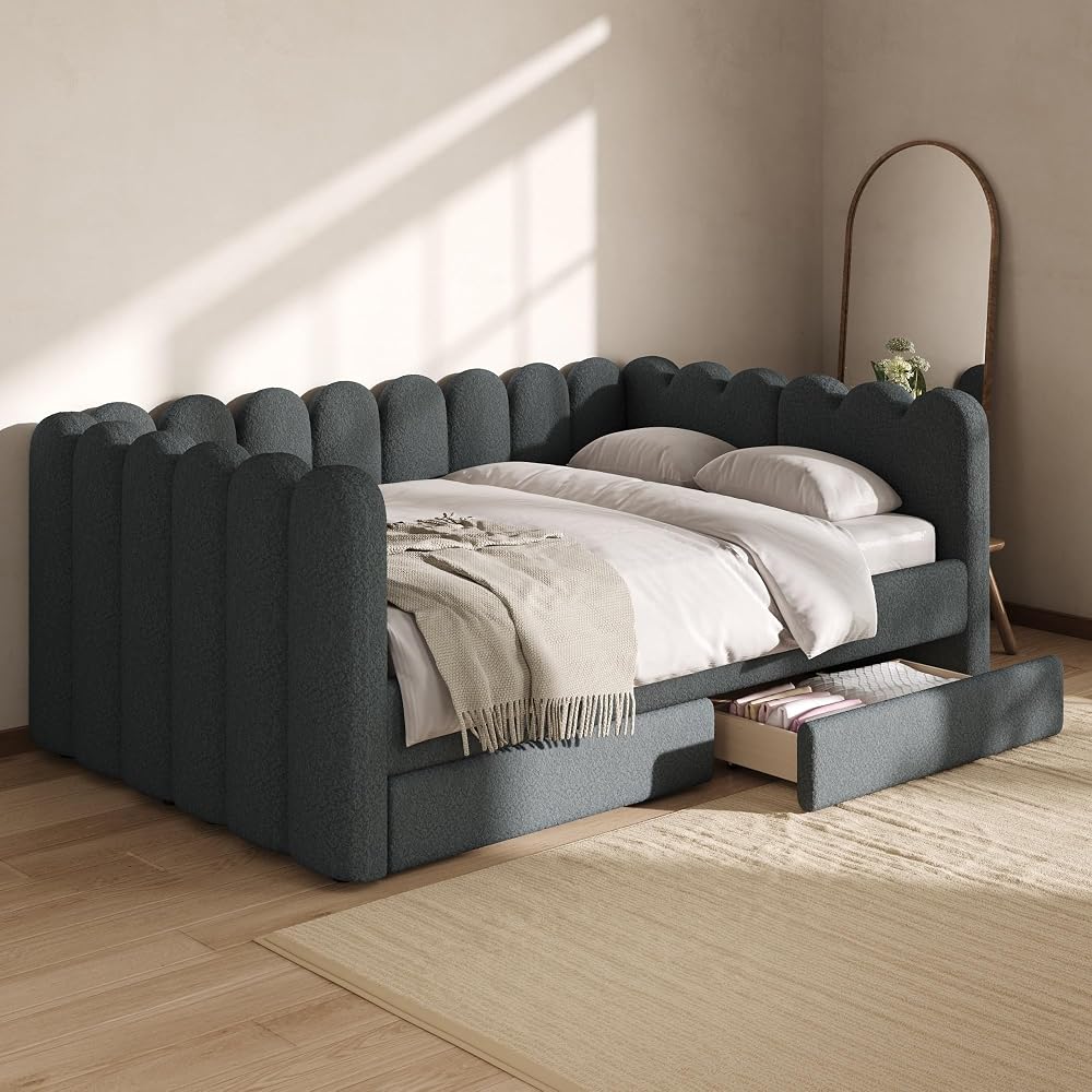 Upholstered Daybed with 2 Storage Drawers, Queen Size Sofa Bed Frame, Gray