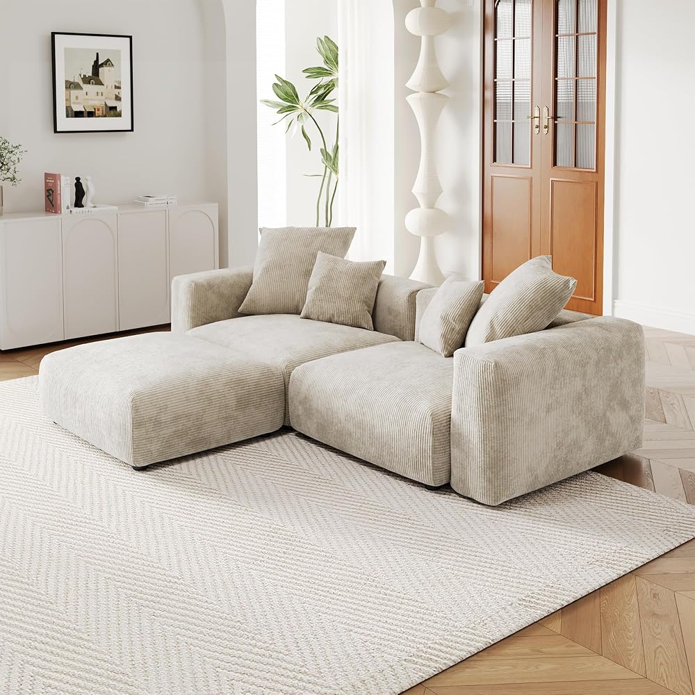 JACH Corduroy Modular Sectional Couch, Oversized Sectional Sofa with Chaise Ottoman, Cushion Covers Removable, Modern Deep 2-Seat Couches for Living Room, Office (Beige)