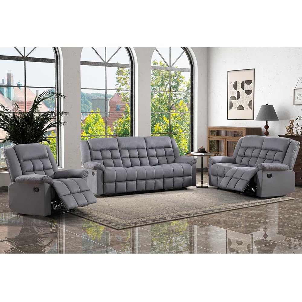 EBELLO Manual 3 Seater Reclining Sofa for Living Room, Soft Fabric Recliner Couch with Padded Headrest and Seat, Reclining Couch for Office, Grey(3-seat Sofa)