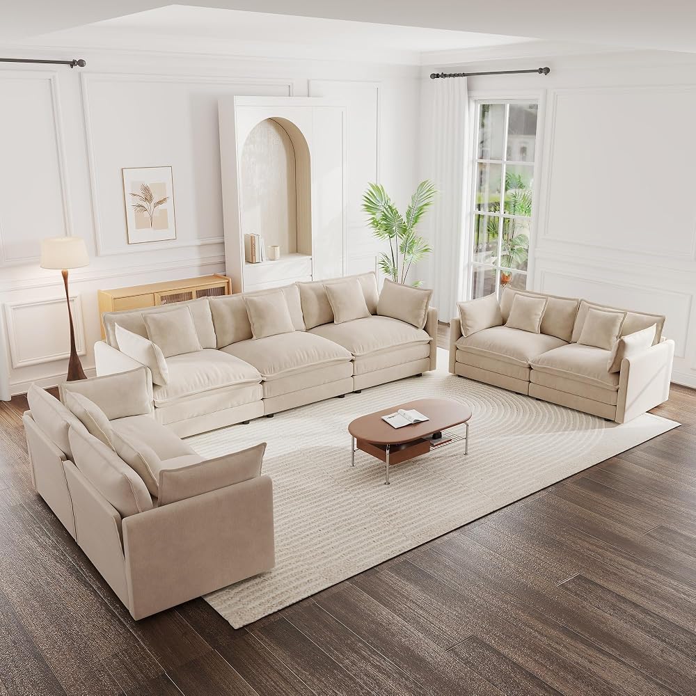 mikibama Luxury Oversized 3 Piece Sofa Set, 2 Pieces of 2 Seater and 1 Piece of 3 Seater Sofa, Modern Chenille Comfy Cloud Couches Set with 13 Pillow for Living Room Office, Light Coffee