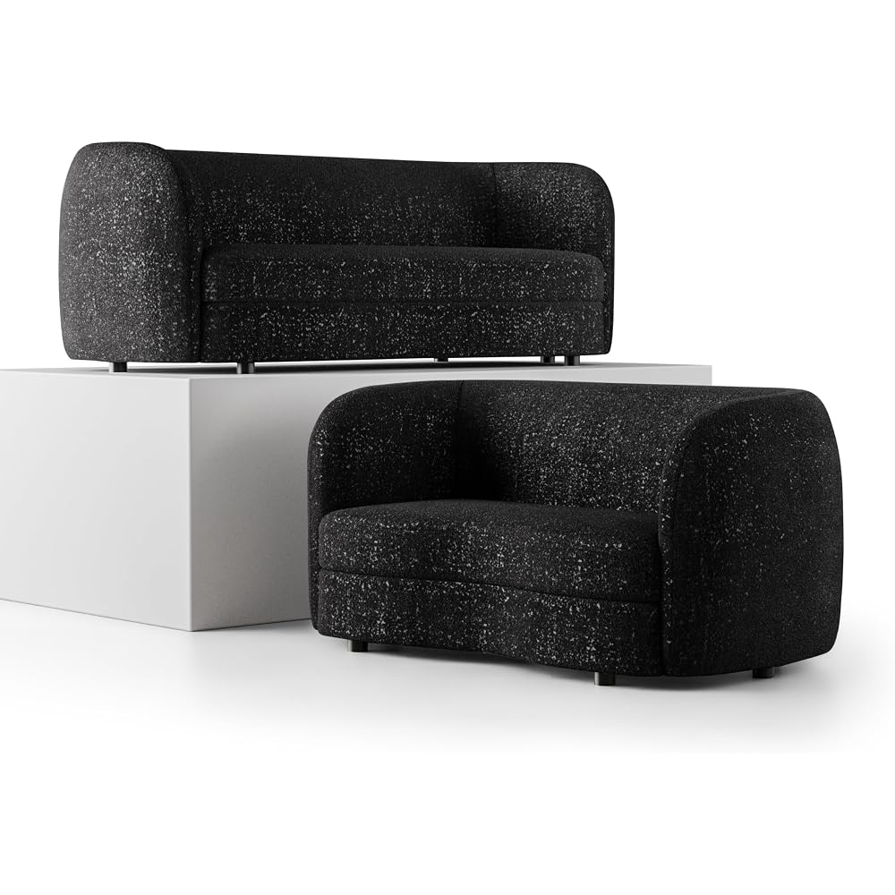Furniture of America Nimiane Modern Boucle 2 Piece Sofa and Loveseat Set with Curved Arms and Wooden Legs, Accent Furniture Sets for Living Room, Home Office, Bedroom, Black