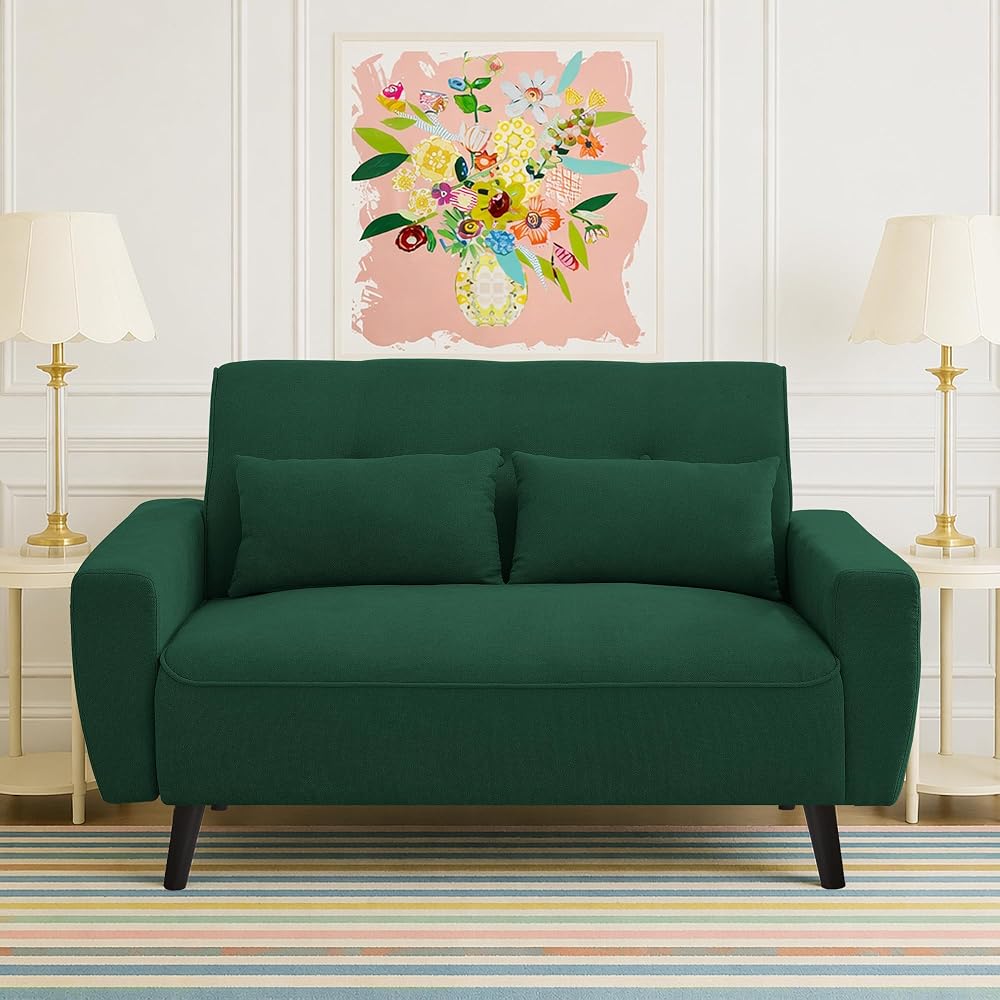 48" Small Loveseat Sofa, Mid Century Modern Love Seat Couch with Back Cushions and Plastic Legs, 2 Seater Couches for Living Room, Bedroom, Small Spaces, Green