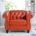 GDFStudio 39" Chesterfield Tufted Sofa Chair, Midcentury Modern 1 Seater Couch with Deep Seat Cushions, Accent Strip, Rolled Arms & Solid Wood Legs, PU Leather Accent Sofa for Living Room, Orange