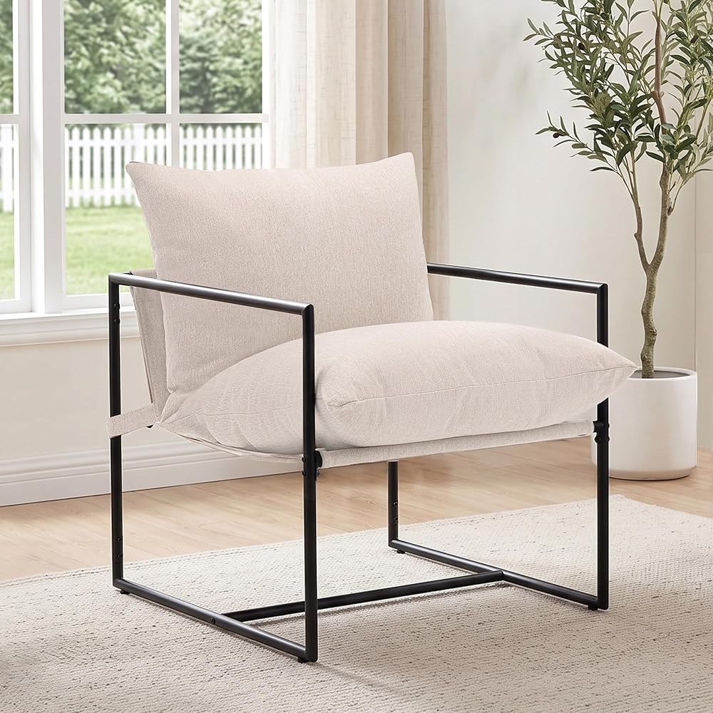 Modern Accent Chair, Upholstered Reading Sling Chair with Metal Frame and Soft Cushion,Stylish Lounge Armchair for Living Room, Bedroom or Office Seating, Ivory