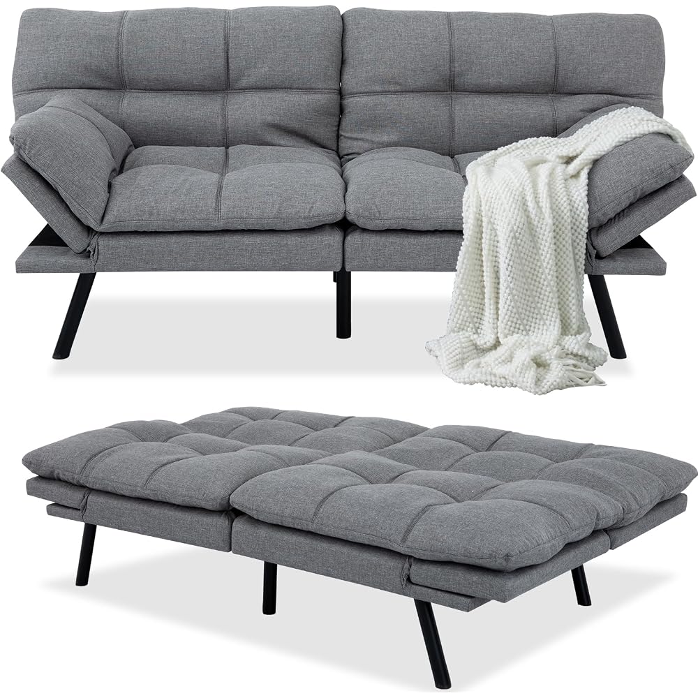 MUUEGM Futon Sofa Bed Couch - Convertible Sofa Bed, Loveseat Sleeper Sofa with Adjustable Backrest, Memory Foam Folding Futon for Living Room, Small Space, Apartment,Light Grey