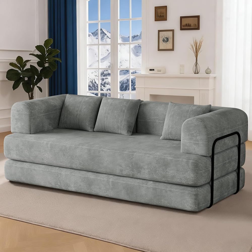 WENTMENT 80‘’Convertible Floor Sofa Bed for Living Room Boneless Couch with Deep Seat, Corduroy Pull Out Sofa Bed with 3 Pillows Bedroom, Apartment, No Assembly,Grey