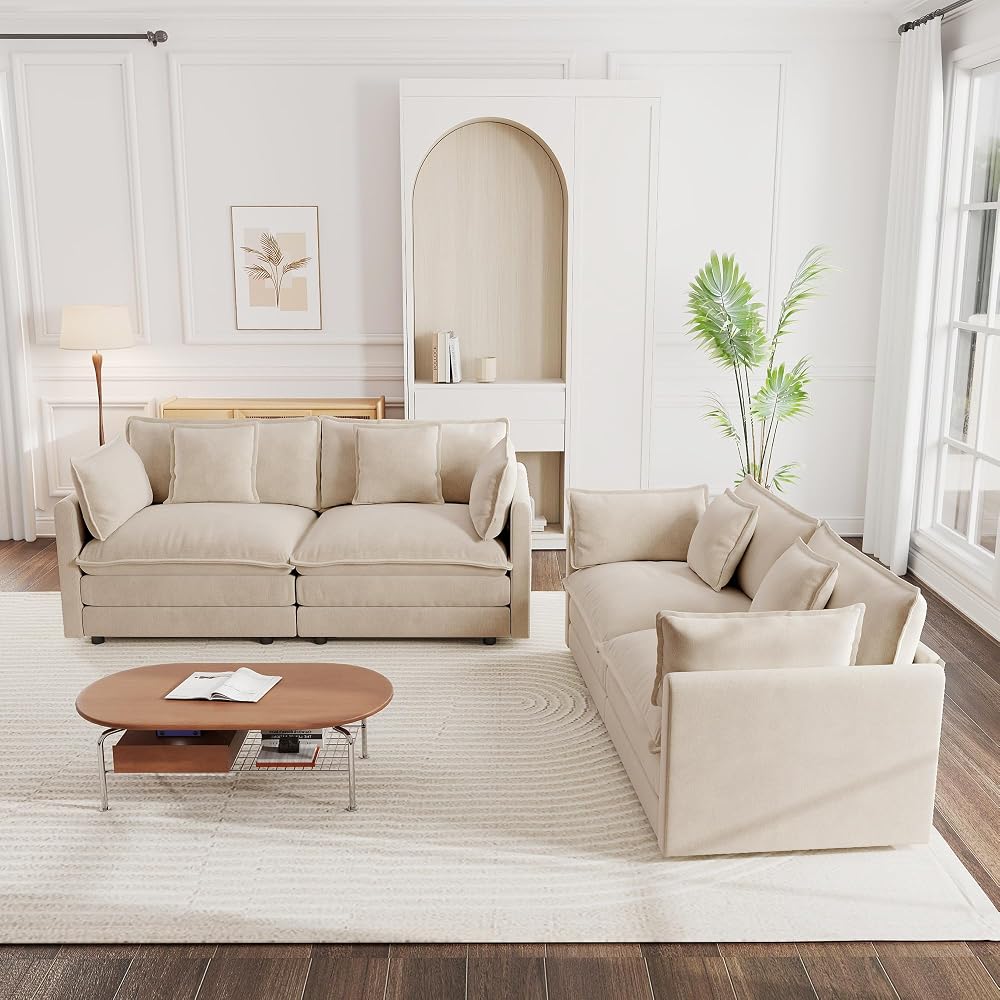 Aoowow 2 Pieces Modular Sectional Sofa Set, 2 Modern Chenille Loveseat Couch Set with Pillows, Comfy Cloud Deep Seat Couches for Living Room Apartment, Camel