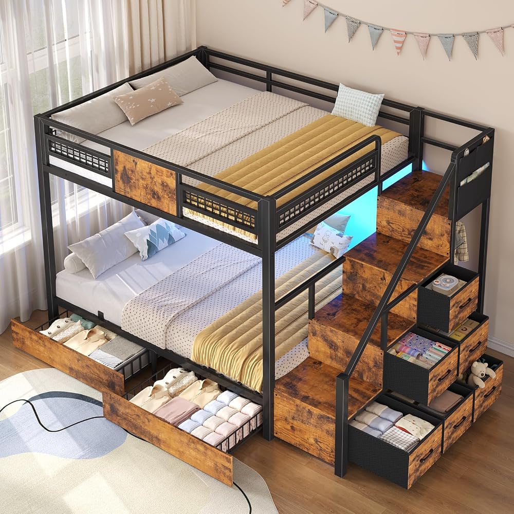 BTHFST Bunk Bed Full Over Full with Stairs, Storage Drawers and LED Lights
