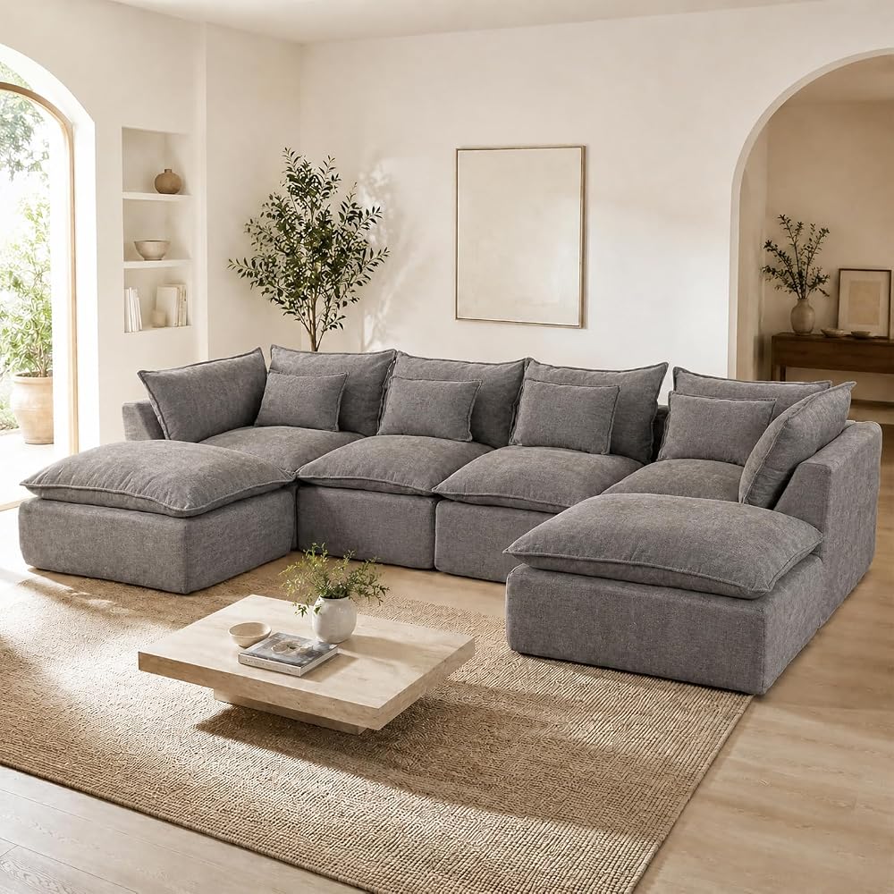 130" Modular Boneless Couch, Oversized U Shaped Sectional Sofa with Deep Seats, Comfy Frameless Cloud Couch in a Box for Living Room, Waffle Fabric 4-Seat + 2 Ottomans, Gray