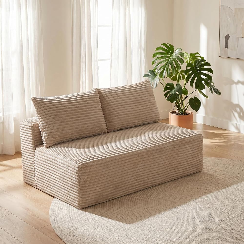 Low Profile Sofa, Camel Corduroy Armless Legless Loveseat, 2-Seater Floor Sofa for Small Apartment Living Room