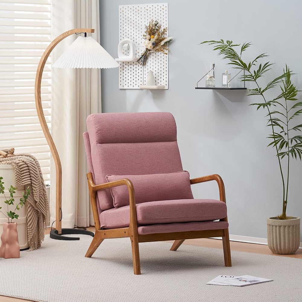Mid Century Modern Accent Chair with High Back Waist Cushion, Upholstered Living Room Chairs for Reading, Relaxing, Entertaining, Wood Frame Armchair for Bedroom, Sunroom, Balcony (Pink)