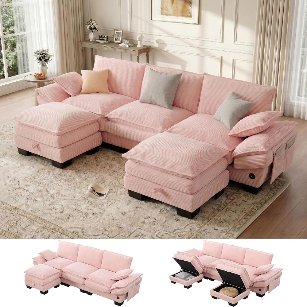 102" U Shaped Couch, Modular Sectional Sofa with Storage Ottoman, Comfy Fluffy Cloud Sectional Couches for Living Room, Modern Modular Sofa with USB Ports (Pink)