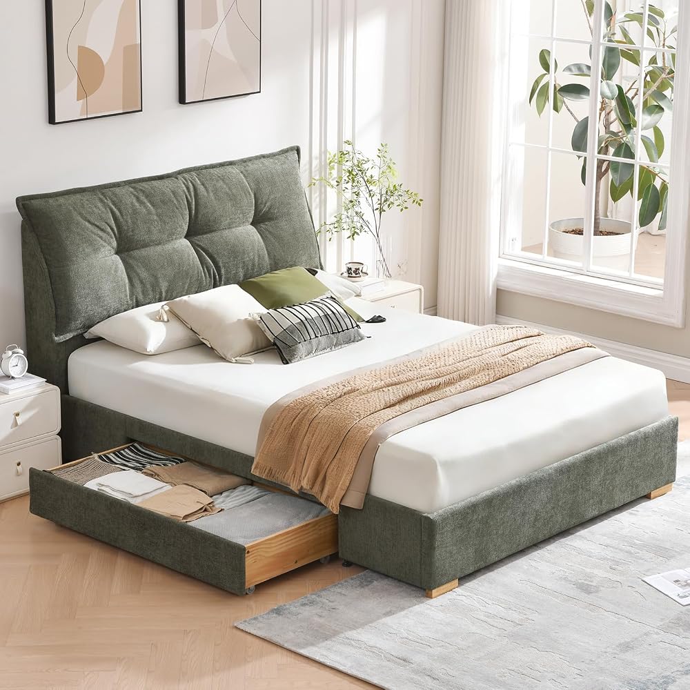VELOCAVA Full Size Upholstered Bed Frame with 2 Drawers Storage, Platform Bed with Soft & Cushioned Headboard, Sturdy Wood Slats, Underbed Storage, No Box Spring Needed, Sage Green